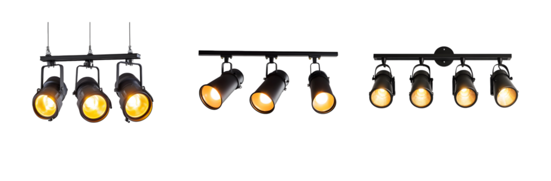 Three Types of Ceiling Track Lighting Fixtures with Bulbs.