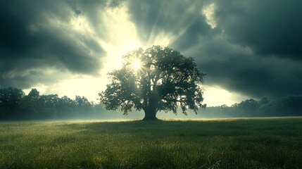 Serene sunlight through majestic oak tree against a dramatic sky inspiring hope and tranquility nature's resilience artistic landscape