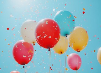 Colorful balloons floating against a bright blue sky with vibrant confetti falling, creating a festive and joyful atmosphere for celebrations