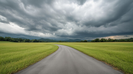 Fototapeta premium Journey Beneath the Storm: A captivating shot of a winding road stretches through a vast green field under a dramatic, cloudy sky, evoking a sense of anticipation and the unknown.