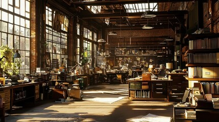 Sunlit industrial loft office space with vintage furniture and bookshelves.
