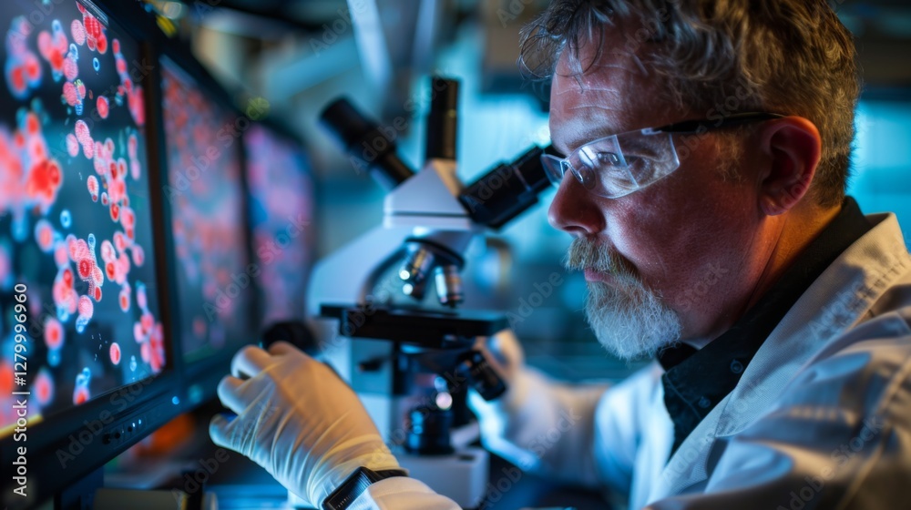 Aufkleber A scientist in a lab coat focuses intently on samples using a microscope. Surrounding screens display detailed cellular images. The environment is illuminated with a cool blue light.
