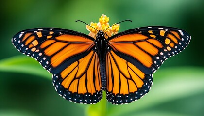 Naklejka premium Monarch Butterfly on Flower, Green Background