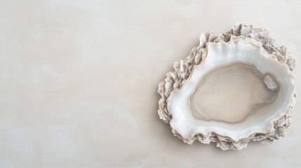 Elegance in Texture: An artistic, handcrafted seashell, boasting intricate textures and a captivating, natural color palette, lies on a smooth, cream-colored surface.