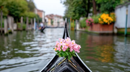 Venice Gondola with Flowers on Canal