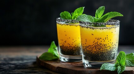 Refreshing Mango Chia Seed Drink: Two glasses of vibrant yellow mango chia seed drink, garnished with fresh mint leaves, sit on a dark wooden surface.