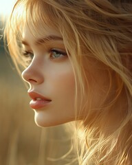 Naklejka premium Golden Light, Blonde Woman, Profile, Field