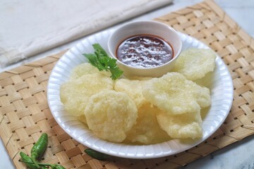 Traditional food from West Java Indonesia called Cireng with sweet and spicy rujak sauce