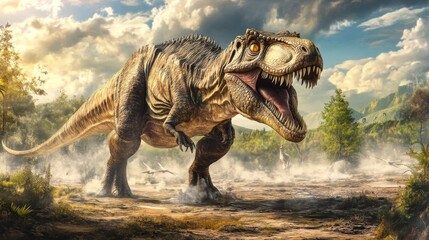Fototapeta premium Powerful Tyrannosaurus Rex in Misty Prehistoric Landscape