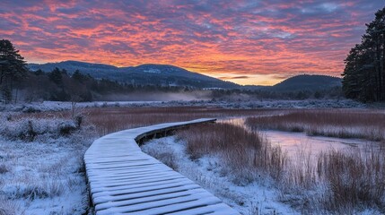 Serene Winter Sunrise over Snow-Covered Path