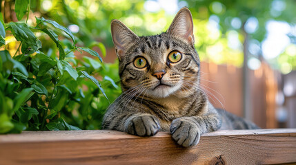 cat lounging near wooden fence, surrounded by greenery, exuding calm and curious demeanor. sunlight enhances its striking green eyes and beautiful fur