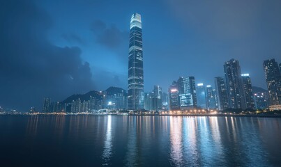 Obraz premium Night Cityscape Illuminated Skyscrapers Reflected in Dark Blue Water