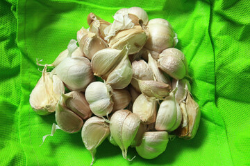 garlic abstract layout on green background, garlics  clove studio shot