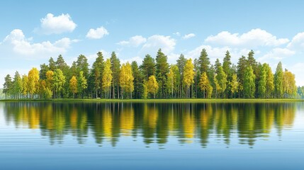 Obraz premium Serene island landscape with vibrant trees reflected in calm water under a bright sky offering a tranquil and captivating outdoor scene