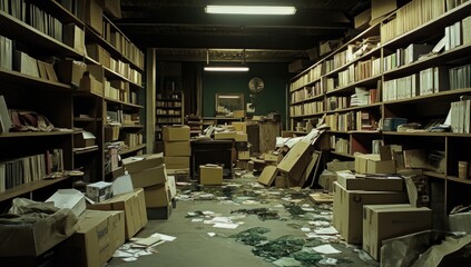 Abandoned library storage room, cluttered boxes, papers