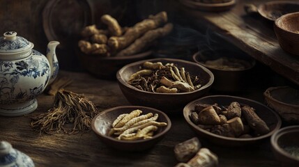 Assorted traditional chinese herbal medicines on a rustic wooden table