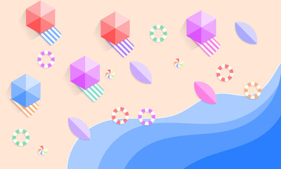 Geometric beach scene with colorful umbrellas, surfboards and lifebuoys
