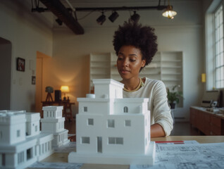 African female architect reviewing models in modern office interior design creativity concept