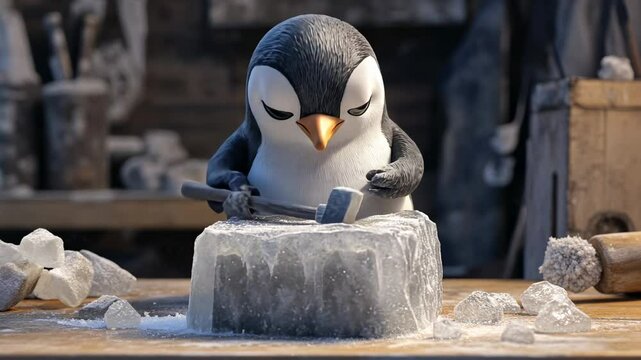 A Determined Penguin Sculpting Ice