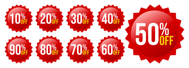 Eye-catching sale stickers, offering percentage discounts from ten to ninety