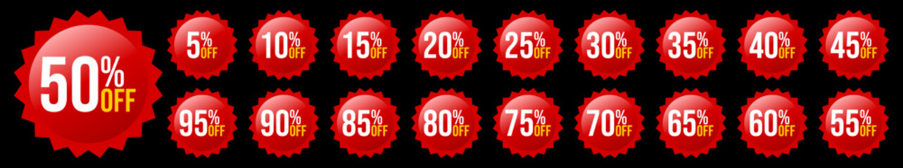 Collection of Red Sale Stickers with Discount Percentages on Black