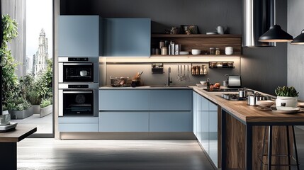 Modern blue kitchen with wood accents, island, and city view.