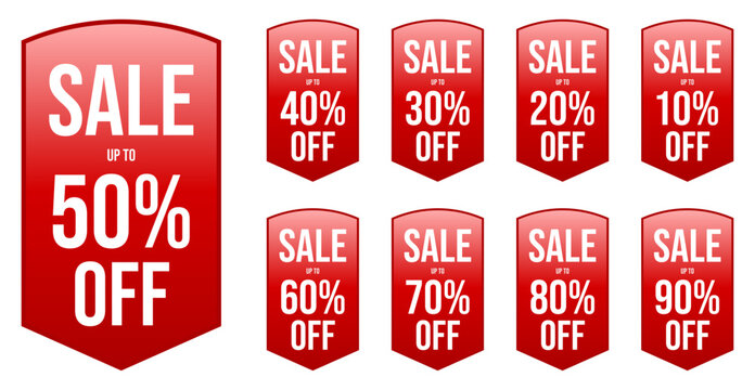 Promotional red sales label banners with varying discount percentages