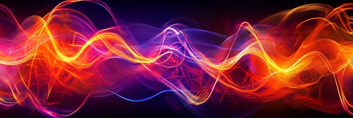 Fototapeta premium A vibrant, colorful wave of light flows across a dark background, creating a dynamic and energetic visual effect.