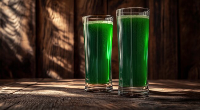 Refreshing Green Elixir: Two glasses filled with a vibrant green drink stand against a rustic wooden backdrop, creating a scene of natural wellness and invigorating refreshment.
