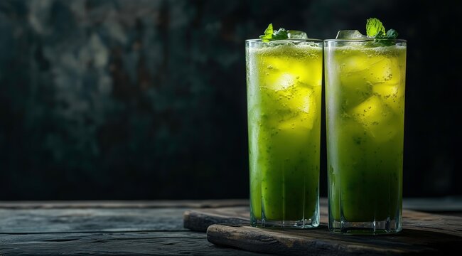 Refreshing Green Elixir: Two vibrant glasses brimming with a cool, green beverage, garnished with fresh mint sprigs, sit invitingly on a rustic wooden surface.
