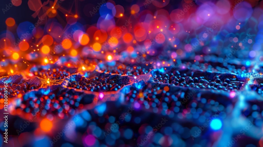 Poster An intricate display of textures illuminated by vibrant lights creates a dreamlike atmosphere, showcasing detailed patterns and a captivating color palette at dusk.