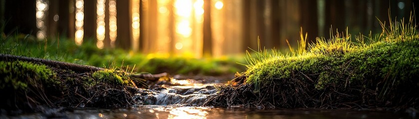 Tranquil forest stream illuminated by golden sunlight.