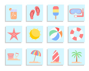 Summer beach vacation flat icons collection, holiday and travel elements