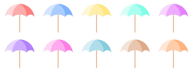 Pastel Colored Umbrellas on White Background in a Row Design for Summer