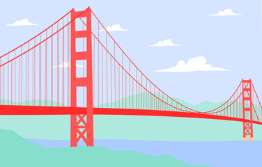 Stylized golden gate bridge illustration with pastel skies and water