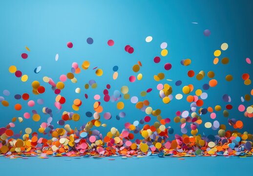 Colorful confetti falling against a bright blue background, creating a festive and cheerful atmosphere for celebrations and joyful events