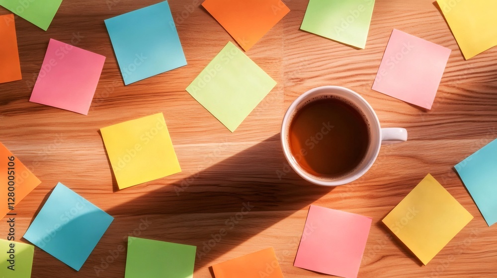 Poster cup of coffee sits surrounded by colorful sticky notes on a wooden desk, symbolizing multitasking, t