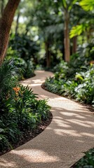 Winding path through lush green gardens and foliage.