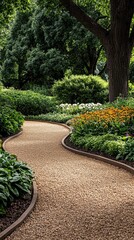 Fototapeta premium Winding garden path surrounded by vibrant greenery and flowers