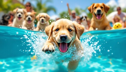 Puppy Swimming in Pool Cute Golden Retriever Having Fun Summer Day