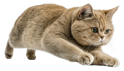 A fluffy, golden-brown cat with round eyes and a determined expression is captured mid-pounce in an action stance.