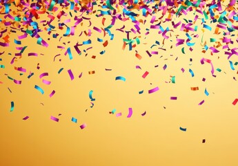 Colorful confetti falling gracefully against a bright golden background, perfect for celebrations, parties, and festive occasions. Vibrant decoration concept.