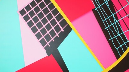 Bold neon backgrounds in bright pink, electric blue, and lime green. Retro 80s style with geometric shapes