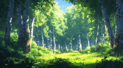 Obraz premium Sunlit birch forest path. (2)