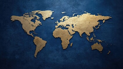 Gold world map on dark blue textured background