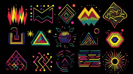 Naive abstract shape backgrounds with figure patterns, including circles, ovals, and waves, in neon retro colors.