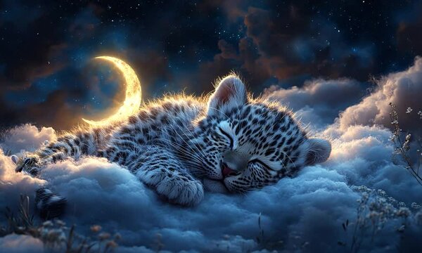 A peaceful leopard cub sleeping on fluffy clouds under a glowing crescent moon at night