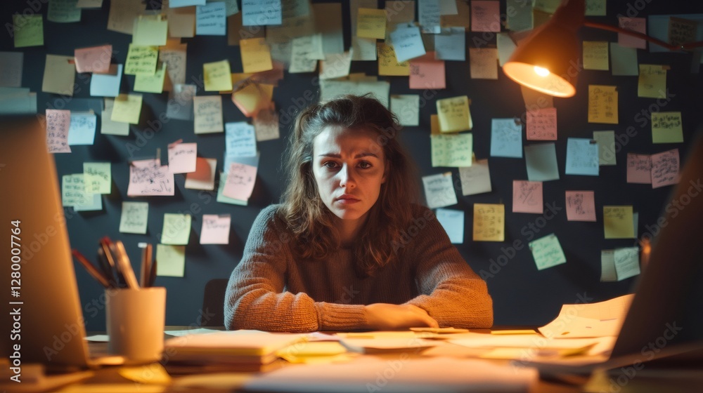 Poster Stressed individual surrounded by numerous sticky notes, symbolizing multitasking and chaos in a work environment. The scene captures the intensity of managing deadlines and responsibilities