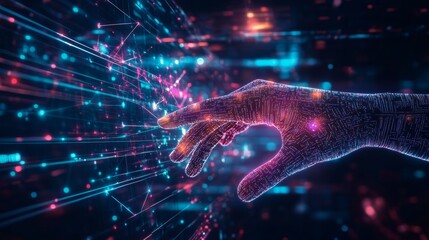 A futuristic hand reaches towards vibrant, glowing data streams, symbolizing connectivity and advanced technology in a digital landscape.