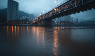Fototapeta premium Moody Night Cityscape with Metal Bridge Reflection